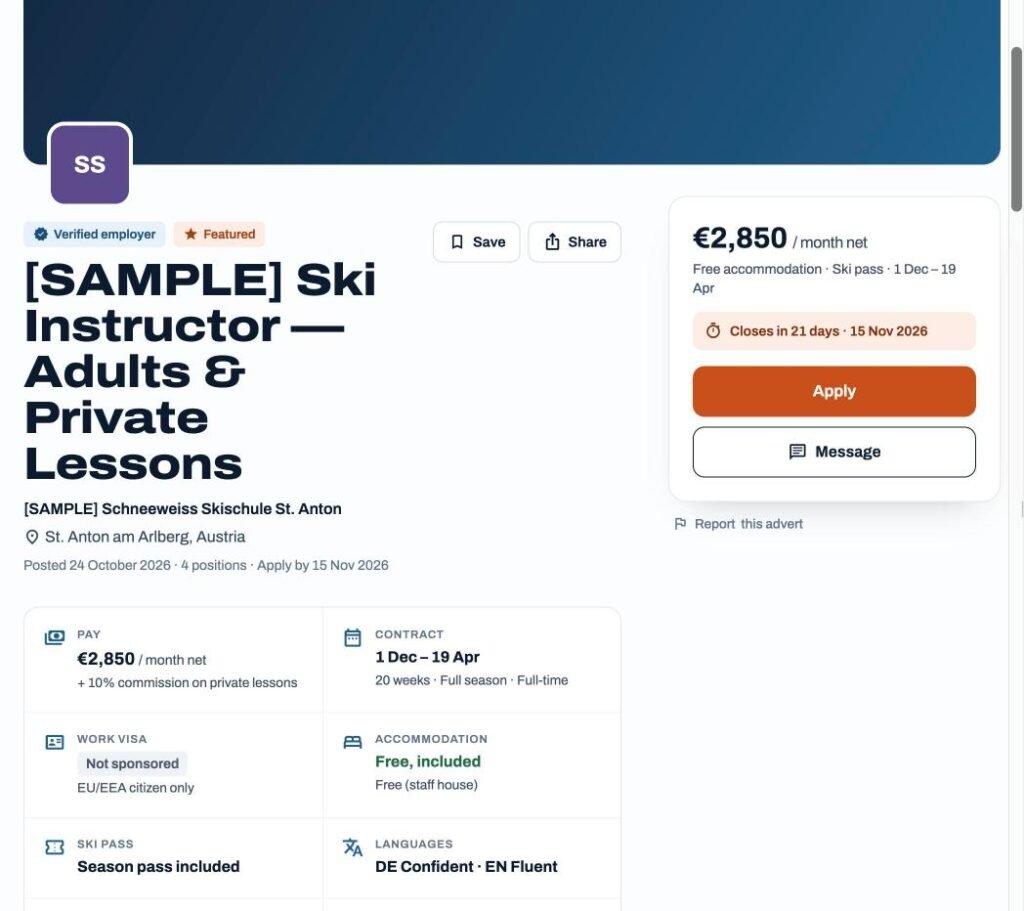A job advert with pay, contract, visa and accommodation at the top
