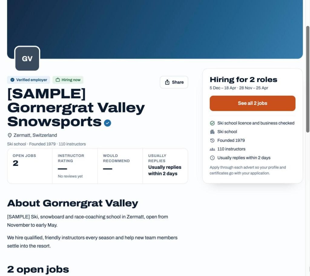A ski school profile with the verified badge and open jobs