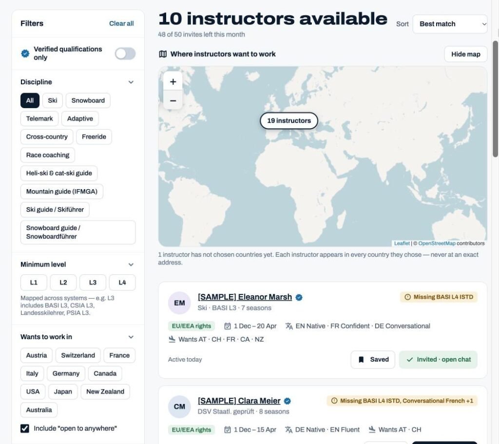 Instructor search with filters, match status and invite buttons